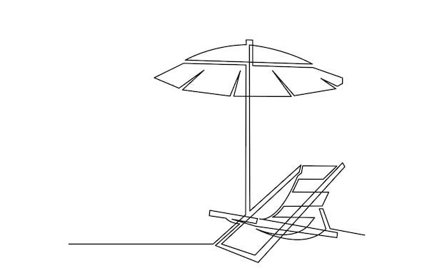 Dibujo de línea continua de sombrilla de playa tropical sillas de playa a rayas y zapatillas de estrella de mar playa