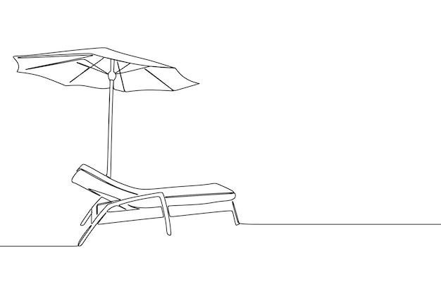 dibujo de línea continua de sombrilla y silla en la playa con cielo azul y nube blanca
