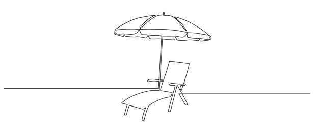 Un dibujo de línea continua de sombrilla y silla de playa Concepto de vacaciones de verano y viajes en la isla paradisíaca y el mar en un estilo lineal simple Trazo editable Doodle vector ilustración