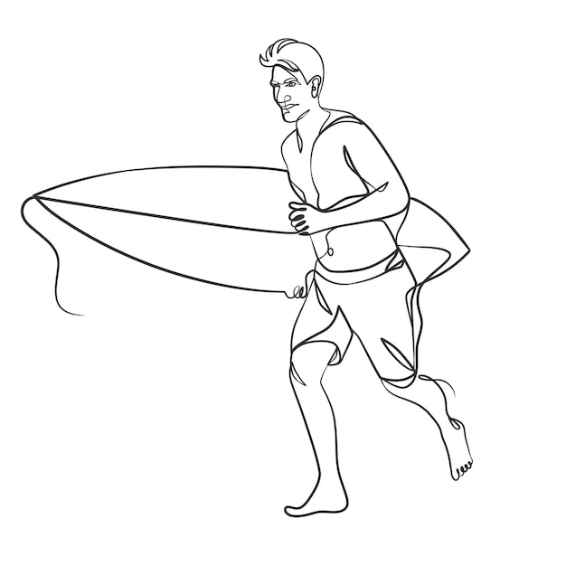 Dibujo de línea continua de un surfista con una tabla de surf Dibujo de línea continua de un surfista con una tabla de surf