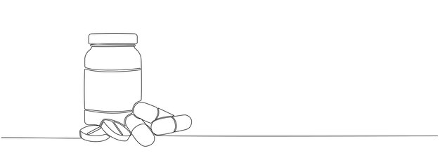 Un dibujo de línea continua de tabletas y cápsulas en frasco de plástico Medicamentos farmacéuticos suministros médicos vitaminas antibióticos en estilo lineal simple