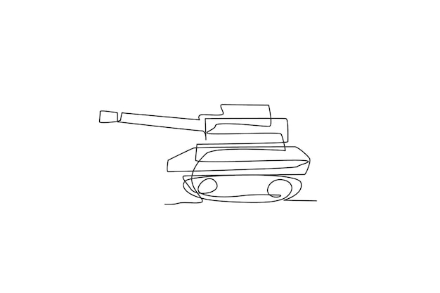 Dibujo en línea continua de un tanque de guerra de metal con arma de cañón de vista lateral Vehículo de transporte