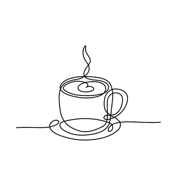 Un dibujo de línea continua de una taza de café con una bebida caliente en un platillo