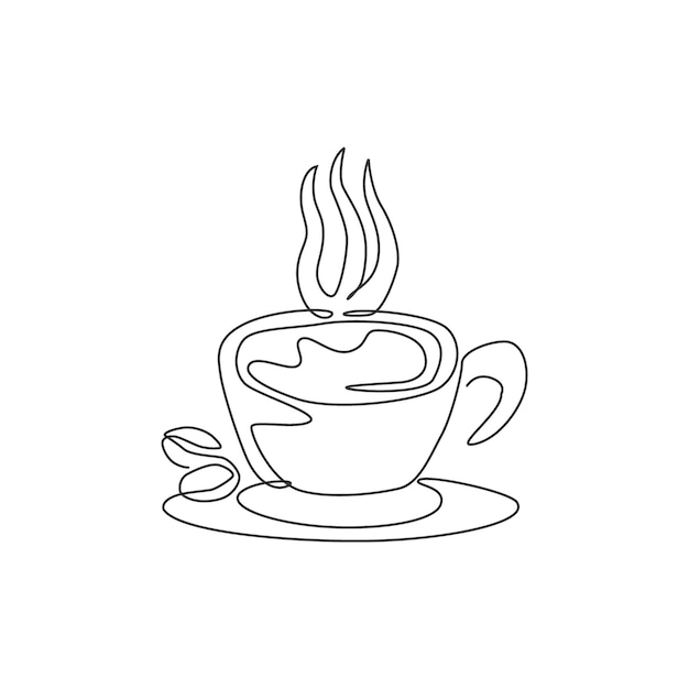 Un dibujo de línea continua de una taza de café espresso aromático emblema del logotipo Vector de diseño de bebidas