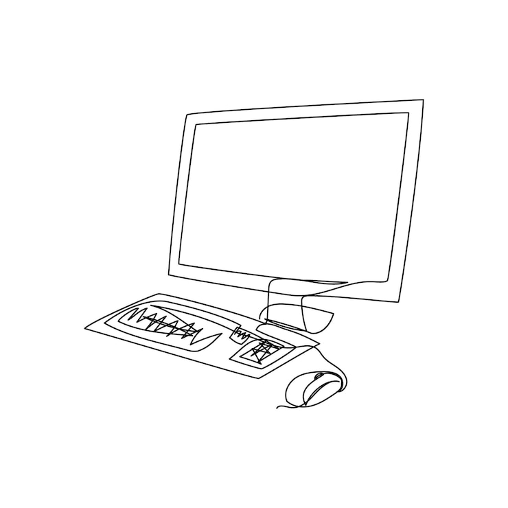 Vector dibujo de línea continua del teclado del monitor de la computadora arte de una línea de la computadora personal de la pantalla del lsd