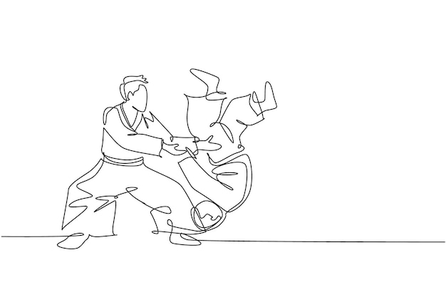 Un dibujo de línea continua de la técnica de práctica de luchadores de aikido de hombres jóvenes en el centro de entrenamiento de dojo