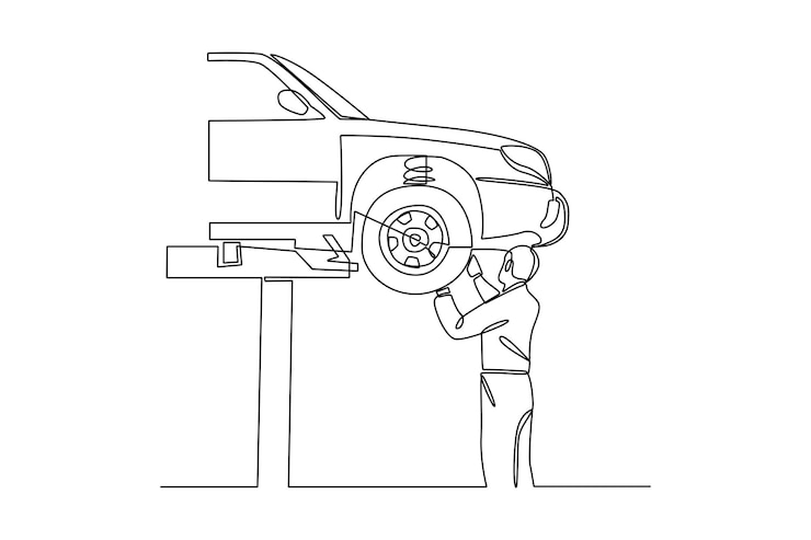 Vector un dibujo de línea continua de un técnico está inspeccionando la parte inferior del coche concepto de minimalismo dibujo de una línea ilustración vectorial de diseño gráfico