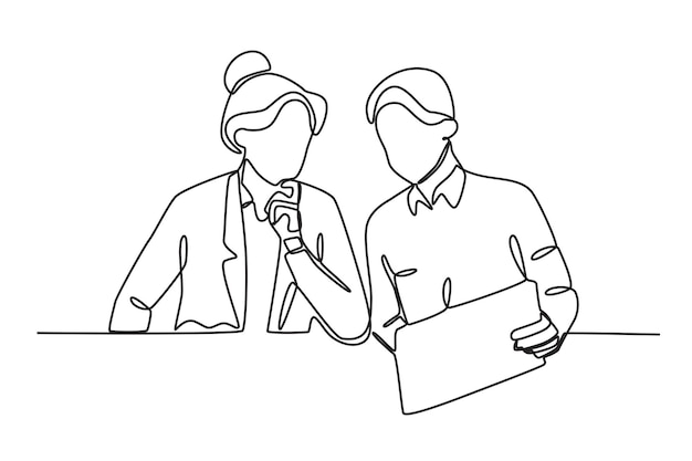 Un dibujo de línea continua de los trabajadores de las agencias que se reúnen con los clientes están explicando