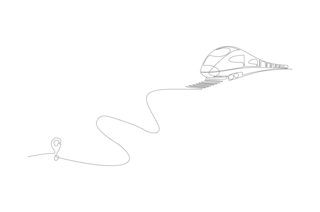 Dibujo de línea continua del tren conectado con la ilustración de vector de símbolo de ubicación Vector Premium