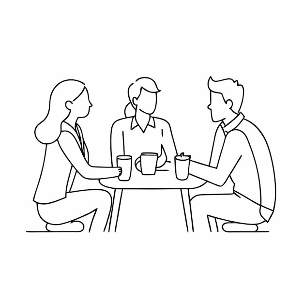 un dibujo de línea continua de tres personas sentadas en una mesa y teniendo una conversación