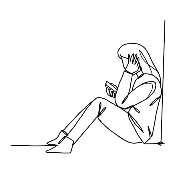 Dibujo de línea continua Triste mujer mirando el teléfono móvil Vector