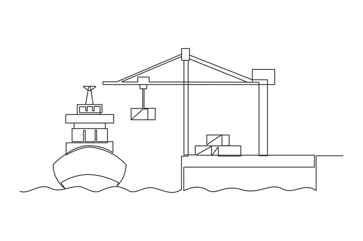 Vector dibujo de línea continua única de la actividad de carga del puerto de envío del almacén y todo sobre la actividad portuaria del puerto y la carga concepto minimalista línea simple