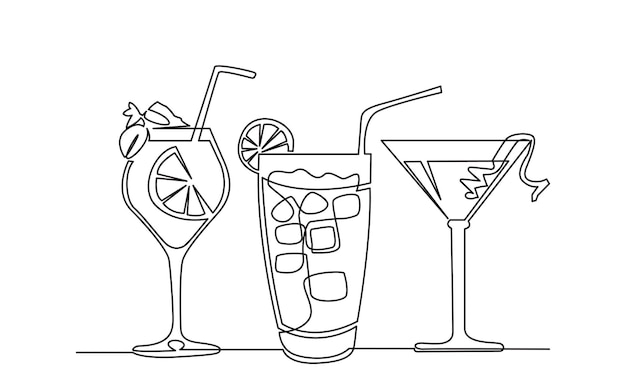 Dibujo de línea continua única de arte de cócteles de bebidas de cócteles exóticos