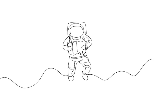 Dibujo de línea continua única astronauta científico flotante en vector de navegador de mapa de lectura de paseo espacial