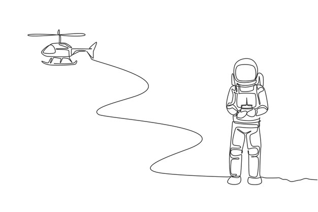 Dibujo de línea continua única de astronauta jugando control de radio de helicóptero en vector de superficie lunar