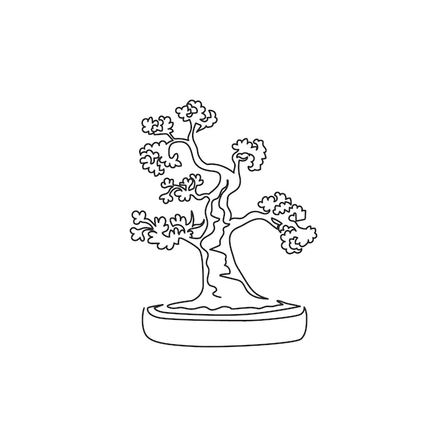 Dibujo de línea continua única de belleza antigua y encantador vector de diseño de árbol de bonsai exótico pequeño