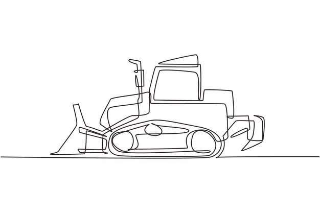 Dibujo de línea continua única de bulldozer para pavimentar el vector de máquinas de vehículos comerciales de carretera