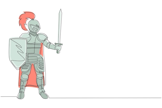 Dibujo de línea continua única de caballero medieval en capa de armadura y casco con vector de diseño de pluma