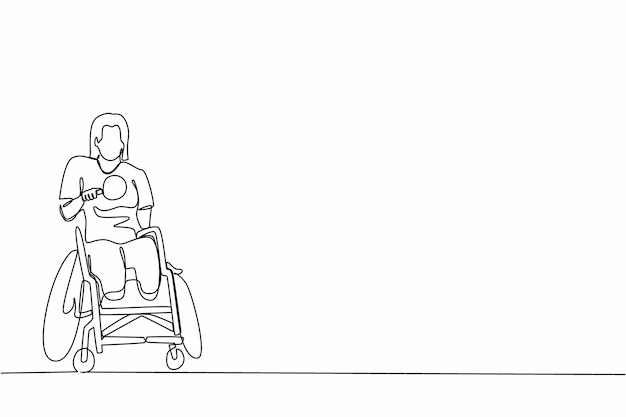 Dibujo de línea continua única deportista discapacitada en silla de ruedas jugando al tenis de mesa vector de diseño