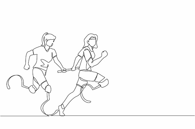 Dibujo de línea continua única de dos corredoras discapacitadas con prótesis en la pierna. Ilustración de mujeres discapacitadas