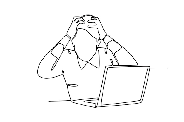 Dibujo de línea continua única de empleado estresado mientras trabaja frente a una computadora portátil