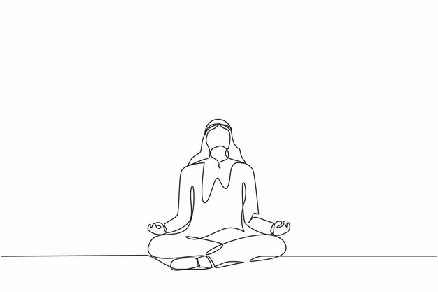 Dibujo de línea continua única Empresario árabe haciendo yoga Trabajador de oficina sentado en postura de yoga