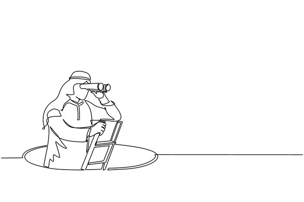 Dibujo de línea continua única Empresario árabe sale del agujero Vector de diseño gráfico