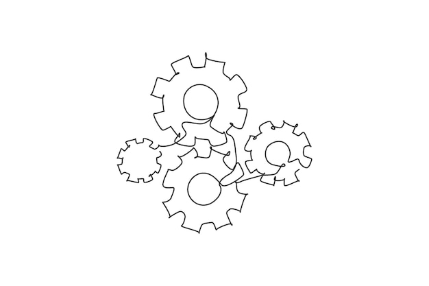 Dibujo de línea continua única de engranaje redondo de rueda metálica para etiqueta de maquinaria Logotipo mecánico