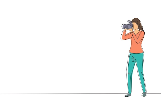 Dibujo de línea continua única fotógrafa profesional tomando fotos usando el vector de la cámara dslr.