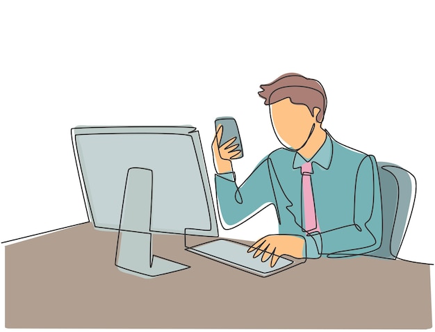 Dibujo de línea continua única del gerente escribiendo un mensaje en un teléfono inteligente mientras se encuentra en el vector de la oficina