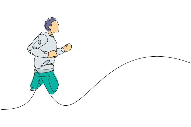 Dibujo de línea continua única hombre ágil corredor correr tranquilo y relajarse en el parque al aire libre vector de diseño