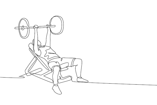 Dibujo de línea continua única de un hombre entrenando una barra de elevación en un banco de prensa en un club de gimnasio deportivo