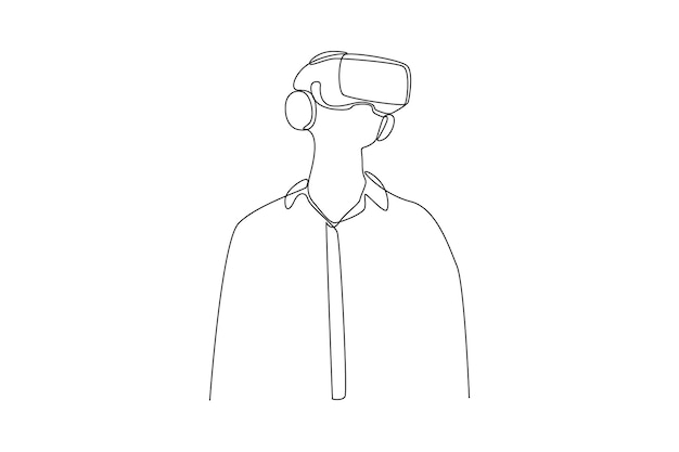 Dibujo de línea continua única de un hombre intentando tecnología de VR simple concepto de jugador de juego de realidad virtual dibujo de línea única ilustración vectorial de diseño