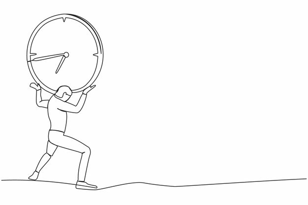 Dibujo de línea continua única hombre de negocios agotado llevando un pesado reloj en la espalda ilustración