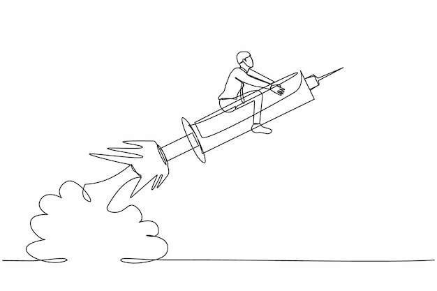 Dibujo de línea continua única de un hombre de negocios montando un cohete de jeringa volando en el cielo vector de diseño