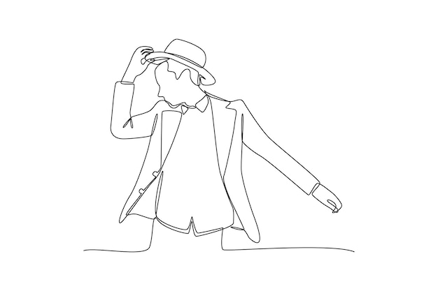Dibujo de línea continua única de hombre con sombrero moda icono de estilo de moda boutique estilo Swirl curl dibujo dinámico de una línea diseño gráfico ilustración vectorial