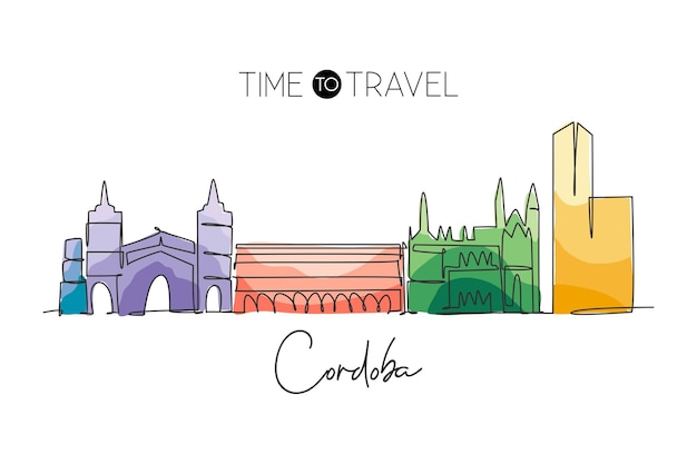 Dibujo de línea continua única del horizonte de la ciudad de Córdoba España Famoso rascacielos y arte del paisaje