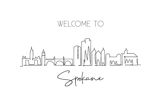 Dibujo de línea continua única del horizonte de la ciudad de Spokane Washington Famoso vector de paisaje raspador