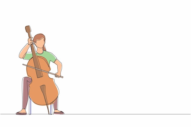 Dibujo de línea continua única intérprete femenina tocando el contrabajo violonchelista mujer tocando el violonchelo