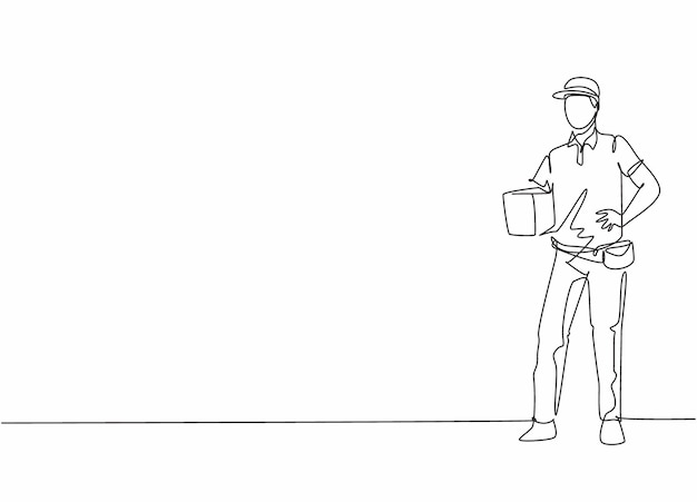 Dibujo de línea continua única joven apuesto repartidor de pie mientras sostiene el vector de diseño de caja