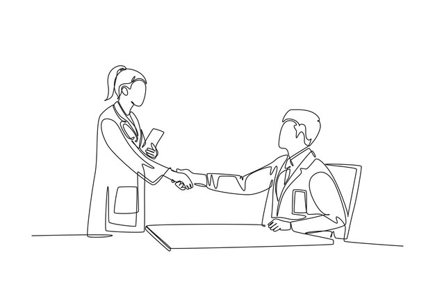 Dibujo de línea continua única joven hermosa doctora apretón de manos con un médico masculino en el hospital Gran concepto de trabajo en equipo de atención médica Dibujo dinámico de una línea diseño gráfico ilustración vectorial