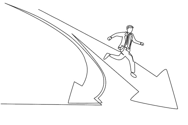 Dibujo de línea continua única de un joven hombre de negocios corriendo hacia una ruta de rama vector de flecha hacia adelante