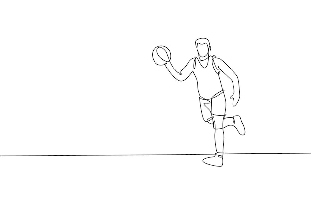 Dibujo de línea continua única de un joven jugador de baloncesto sano driblando la pelota Vector de diseño