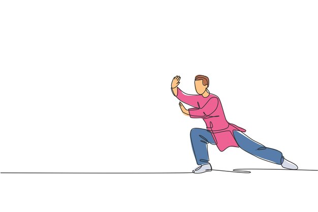 Dibujo de línea continua única de un joven luchador de wushu kung fu en vector uniforme de postura de tai chi
