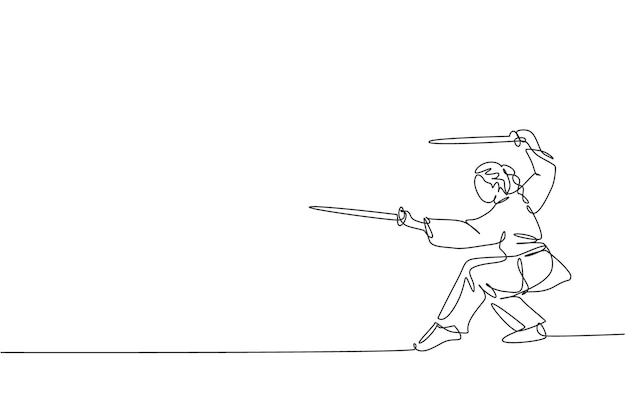 Dibujo de línea continua única de una joven luchadora de wushu kung fu en uniforme con vector de espadas