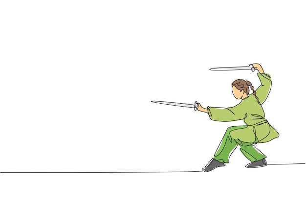 Dibujo de línea continua única de una joven luchadora de wushu kung fu en uniforme con vector de espadas