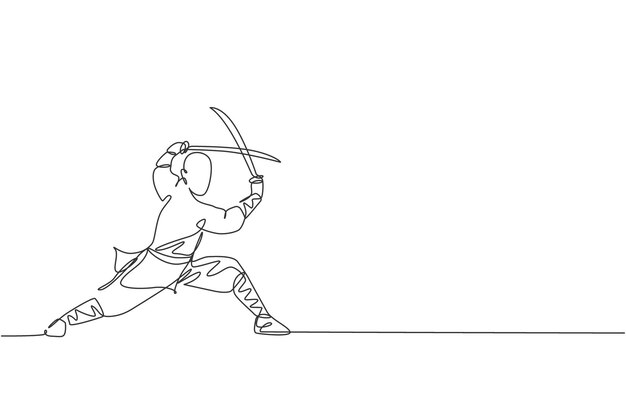Dibujo de línea continua única joven monje shaolin musculoso sosteniendo el tren de espada en el vector del templo