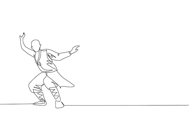 Dibujo de línea continua única joven musculoso monje shaolin entrena arte marcial en el templo vector