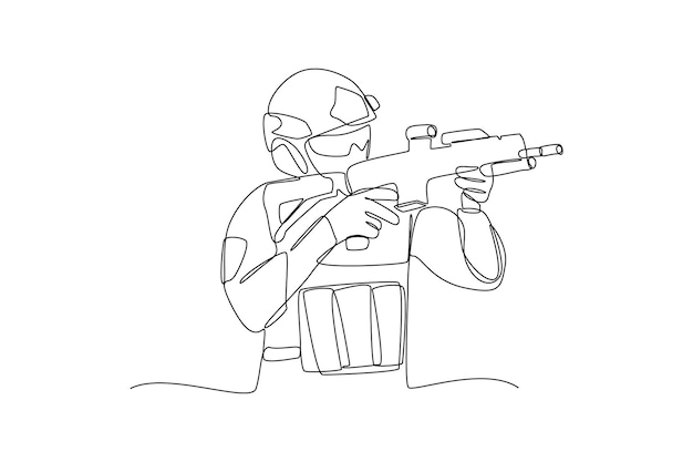 Dibujo de línea continua única de un joven soldado apuntando con una pistola Trabajo profesional ocupación de trabajo Concepto minimalista dibujo de una línea diseño gráfico ilustración vectorial