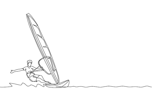 Dibujo de línea continua única joven surfista jugando windsurf en el mar Vector de deporte extremo